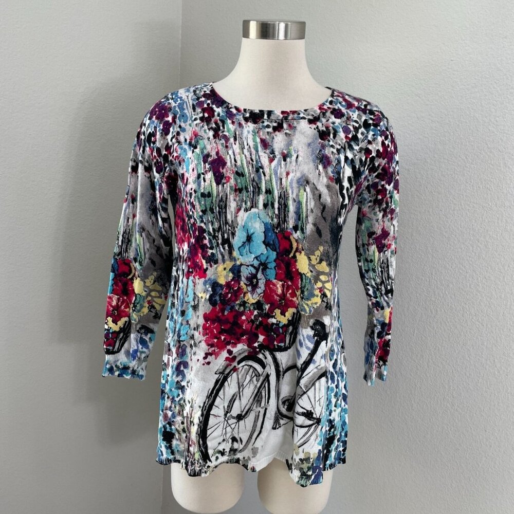 Joseph A. Womens Small Floral Bicycle Print Knit Top‎ 3/4 Sleeve